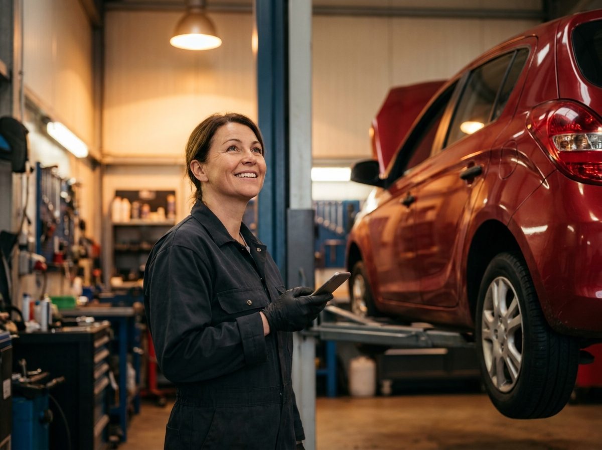 A mechanic checking a job on her phone in the workshop